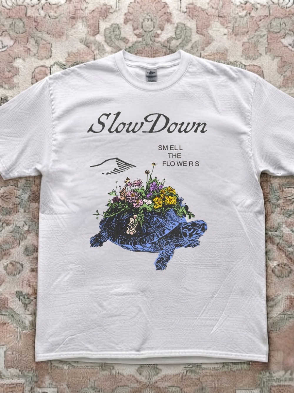 Slow Down Smell The Flowers Turtle Shell Garden Mountain Nature Vintage  T-Shirt